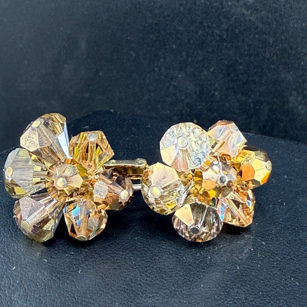 Vintage Vendome Clip On Earrings Gold Tone Brown Rhinestone Signed